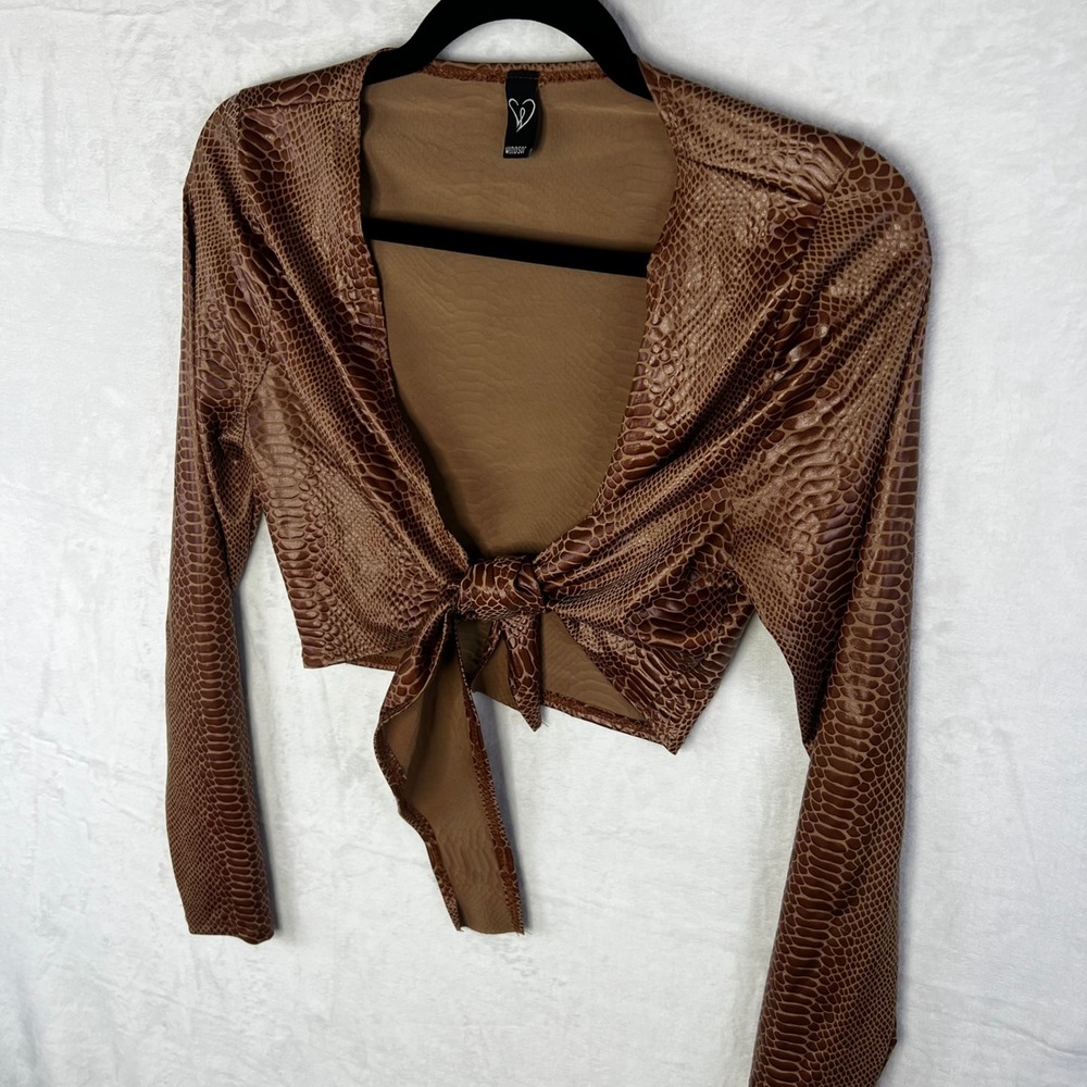 Windsor Snakeskin Print Tie Front Crop Top Womens Small Brown Long Sleeve Blouse